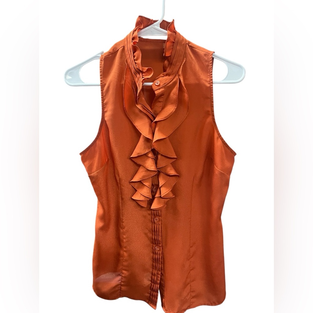 The Limited Burnt Orange Ruffle Front button down sleeveless Blouse Size M